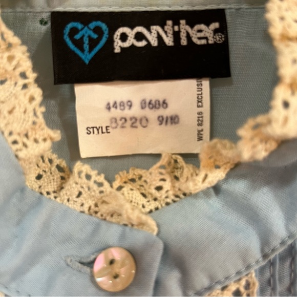 Vintage 60 70 MCM MOD Victorian Blue Lace High Collar Puff Sleeve Tuxedo Blouse - Picture 15 of 16